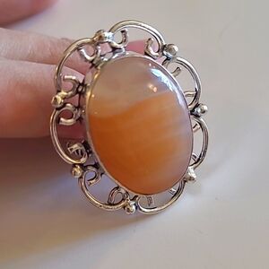 925 Silver Peach Agate Oval Ring Size 8.5-9